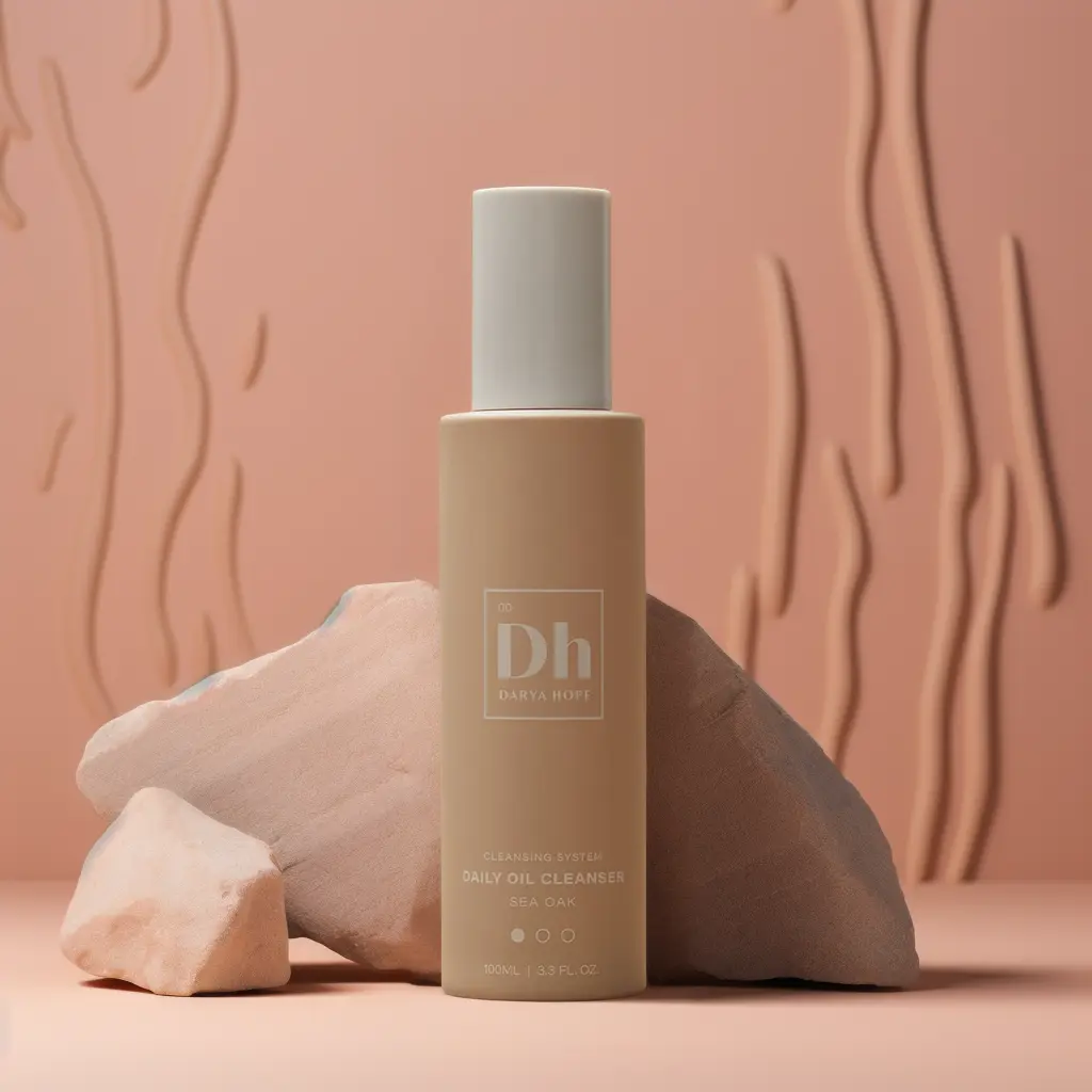 a facecream bottle in a minimalist background in front of a rock