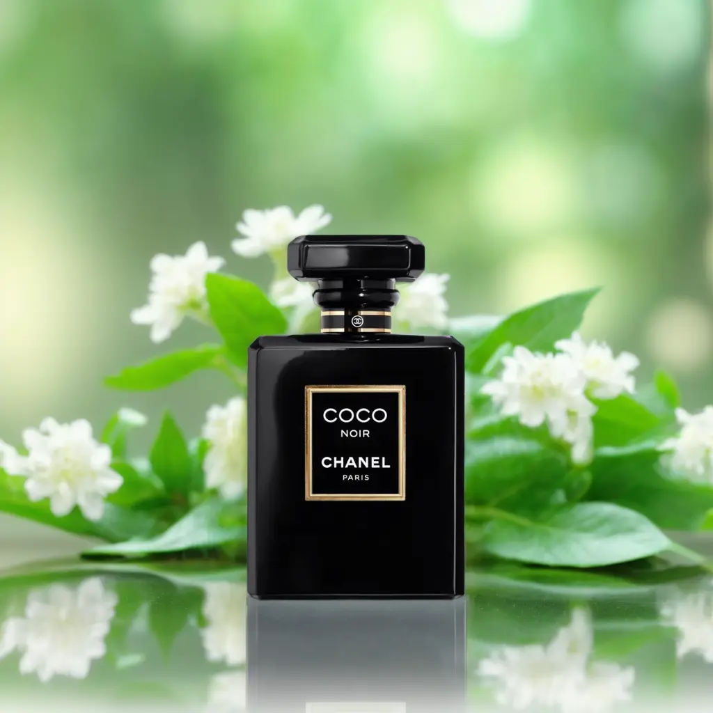 a perfume bottle on a reflecting surface, green leaves in the background